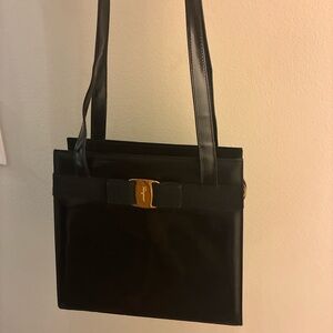 Salvatore Ferragamo Black Bow Patent Leather Shoulder Bag